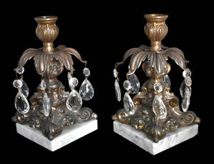 Vintage Italian Baroque Style Candlestick Holders Marble Crystal Antiqued Bronze Finish - Premier Estate Gallery 1