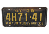 '38 NY License Plate 1939 New York World's Fair 4H71-41, 1938 New York License Plate '39 World's Fair - Premier Estate Gallery