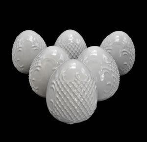 Vintage Linder Kueps Bavaria Porcelain Eggs Finials X6, French Country White Lattice Scroll Embossed Large Porcelain Eggs - Premier Estate Gallery 1