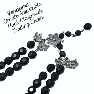 Vintage Vendome Black Faceted Double Strand Beaded Necklace Floral Clasp Trailing Beads c1960 Silver Tone Chain Strung - Premier Estate Gallery