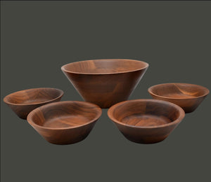 Mid Century Burl Walnut Wood Salad Serving Set 5 Pc Natural Boho Minimalist Woodware Tableware - Premier Estate Gallery
