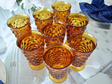Indiana Colony Whitehall Harvest Gold Flared Iced Tea Glasses Set of 8 c1964, Amber Golden Cube Pattern Glassware