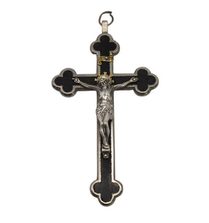 Antique Ebony Budded Crucifix Trimmed in Nickel with Brass Accents Italy c1920, Antique Catholic Ebony Crucifix Italy Smaller Size - Premier Estate Gallery