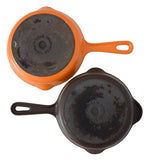 Vintage Le Creuset Cousances Small Sauté Pans No. 16, Cast Iron French Enamel Orange & Brown Cookware MCM Kitchen