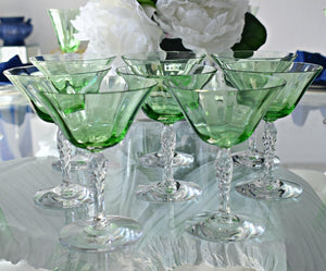 Vintage Fostoria Green Optic Champagne Glasses 5097-5297 Set of 8, Art Deco Era Green Stemware - Premier Estate Gallery 1