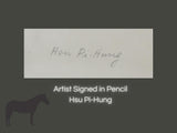 Mid Century Asian Black Horse Stallion Framed Lithograph Hsu Pi-Hung Gold Frame MCM Monochrome Decor