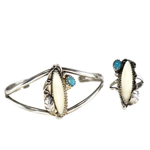 Vintage Silver Native American Cuff Bracelet Ring Set Turquoise Mother of Pearl c1960 - Premier Estate Gallery 1