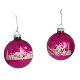 1950s Shiny Brite "Merry Christmas" Scenic Mercury Glass Christmas Ornaments X4 Hot Pink Fuchsia Purple