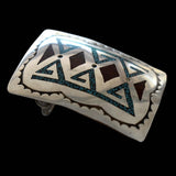 Native American Indian Silver Turquoise Coral Inlay Belt Buckle Signed HB Vintage Navajo - Premier Estate Gallery 1