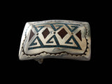 Native American Indian Silver Turquoise Coral Inlay Belt Buckle Signed HB Vintage Navajo