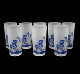 Vintage Frosted Blue Willow Tumblers Hazel Atlas Blue and White High Ball Glasses X8 Vintage Barware, Asian Decor - Premier Estate Gallery