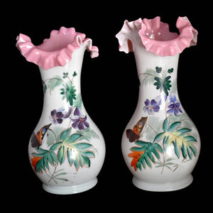 Victorian Pair Pink White Custard Cased Art Glass Ruffled Vases Hand Painted w Butterflies Florals - Premier Estate Gallery