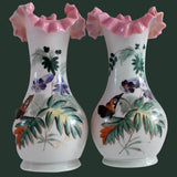 Victorian Pair Pink White Custard Cased Art Glass Ruffled Vases Hand Painted w Butterflies Florals - Premier Estate Gallery 3