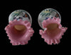 Victorian Pair Pink White Custard Cased Art Glass Ruffled Vases Hand Painted w Butterflies Florals