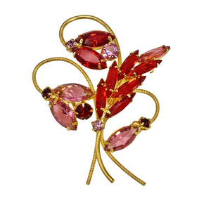 Vintage Red Pink Floral Rhinestone Crystal Spray Brooch in a Juliana Style c1950s Gorgeous Pristine Condition - Premier Estate Gallery