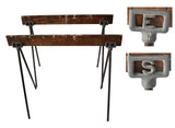 Best Antique Iron Wood Sawhorses Intials SE ES Cut Outs Make Industrial Farmhouse Table or Desk - Premier Estate Gallery
