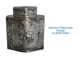 19th Century German Silver Tea Caddy Romantic Repousse Courting Scene Schleissner & Sons Hanau Marks
