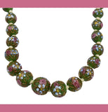 1950s Venetian Fiorato Wedding Cake Beaded Necklace, Murano Art Glass Necklace Pink Green Roses Italy Vintage