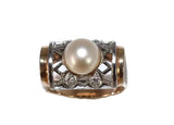 Estate 14k Pearl and Diamond Lattice Ring Yellow and White Gold