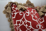Vintage Designer Brocade Crimson Throw Pillows Cases with Tassels & Down Feather Pillows