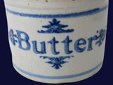 Antique Blue Decorated Stoneware Butter Crock, Authentic Farmhouse Kitchen Decor