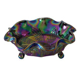 Fenton Carnival Glass Butterfly and Berry Fantail Ruffled Footed Bowl SUPERB Peacock Colors - Premier Estate Gallery 