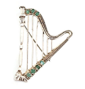 Vintage Sterling Silver Harp Brooch Green Gemstones c1920 - Premier Estate Gallery 