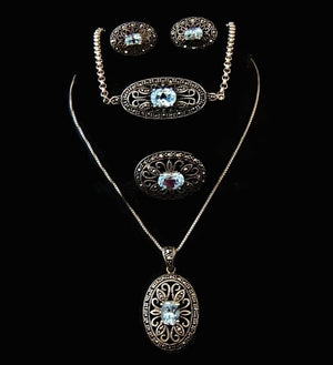 Blue Topaz Marcasite Jewelry Set Victorian Revival Sterling Silver - Premier Estate Gallery
 - 1