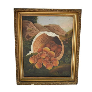 c1900 Folk Art Oil Painting Peaches in Basket in Mt Landscape Gilt Framed - Premier Estate Gallery