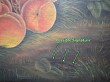 c1900 Folk Art Oil Painting Peaches in Basket in Mt Landscape Gilt Framed