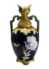 Antique Small German Majolica Urn Incised Bird Poppy Cobalt Glaze Art Nouveau Jugendstil Era - Premier Estate Gallery