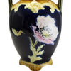 Antique Small German Majolica Urn Incised Bird Poppy Cobalt Glaze Art Nouveau Jugendstil Era