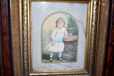 Antique Watercolor Little Girl in Deep Victorian Walnut Frame Gilt Leopard Painted